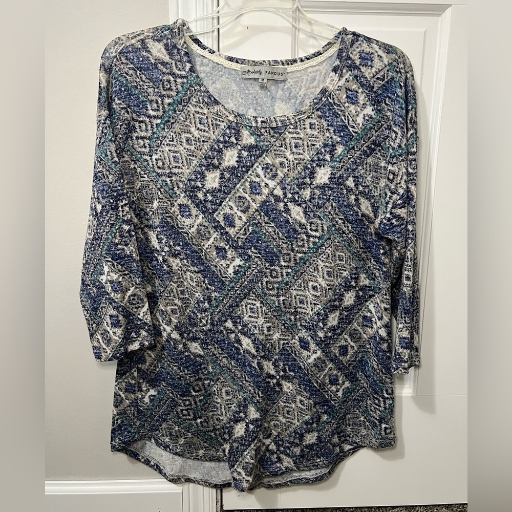 Absolutely Famous Women’s Blouse Shirt 3/4 Sleeve Size M Stretch Blue Green
